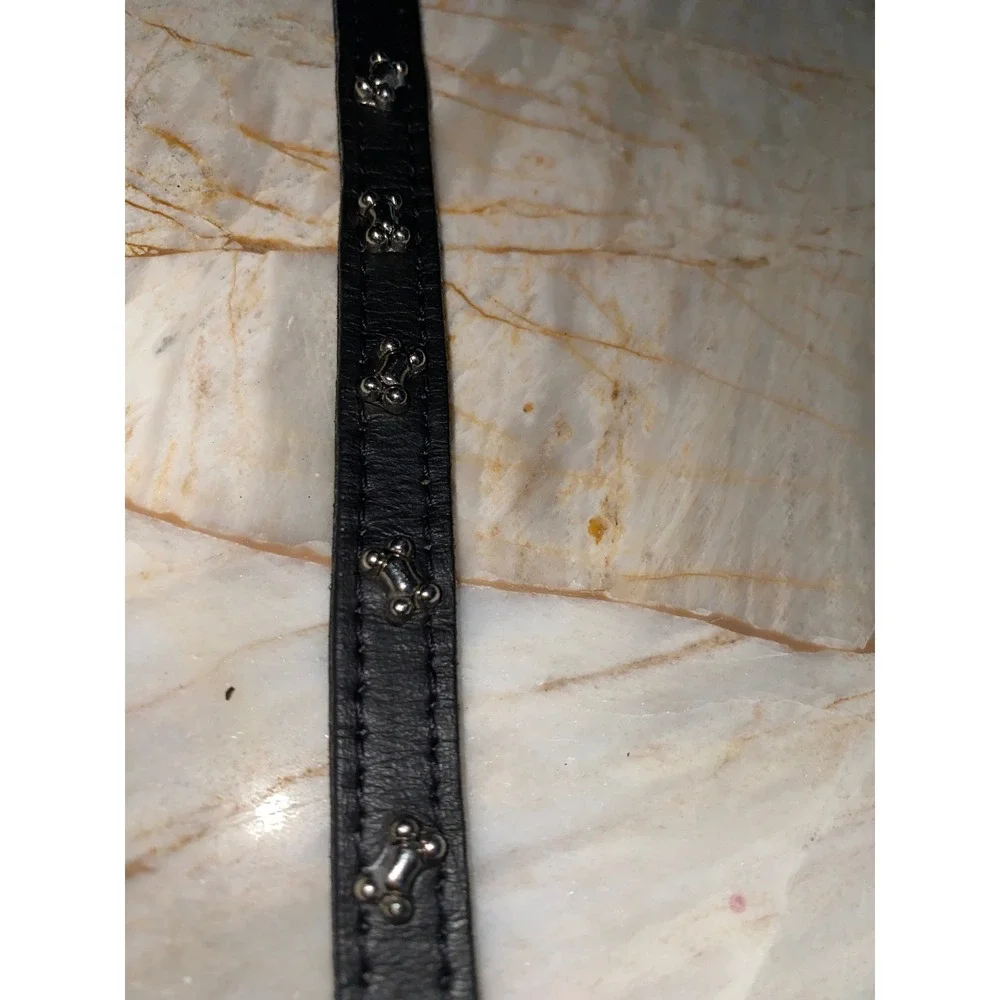 Black Faux Leather Pet Collar Silver Dog Bone Studded Adjustable Small 12 Inch
